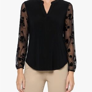 Kasper Black Blouse with Sheer Floral Sleeves